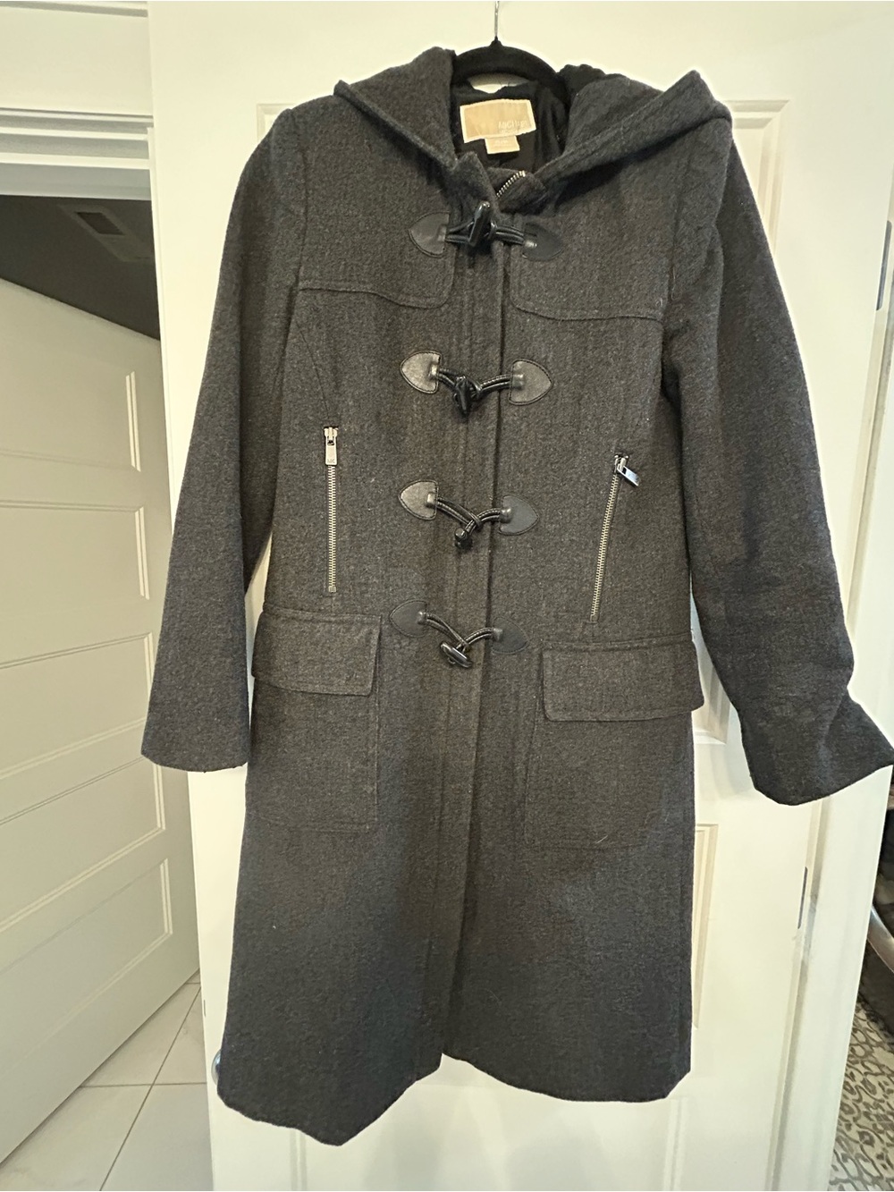Michael Kors Charcoal Gray Wool Duffle Toggle Hooded Pea Coat Size Small/Petite